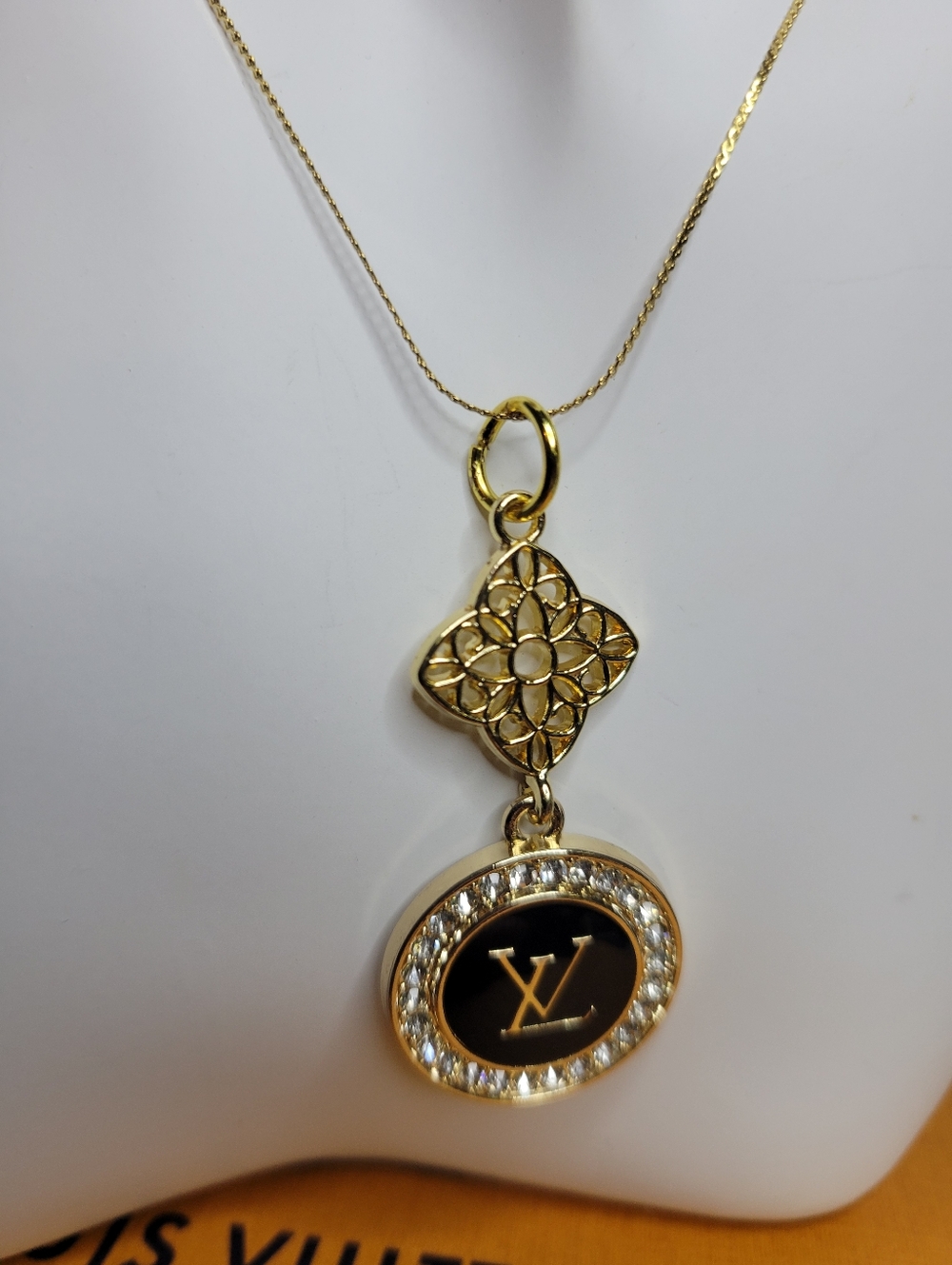 Louis Vuitton Crystal Zip Pull, 18" Gold Plated Chain